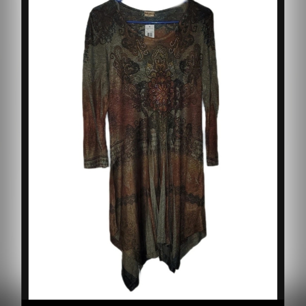 Studio Gem Midi Long Sleeve Med Handkerchief Hem Medallion Boho Tunic
